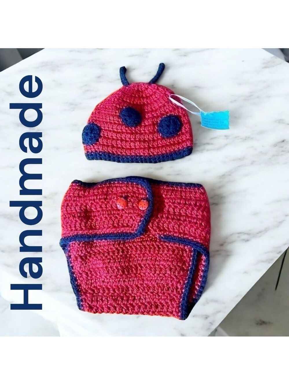 LADYBUG-NWT Hand crocheted diaper set for baby. Red/black 💯cotton. New w/tags!